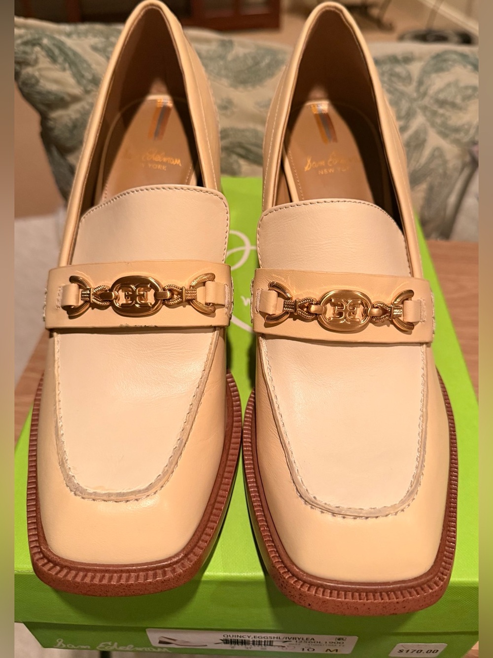 Sam Edelman Quincy Ivory Leather Loafers Gold Horsebit Size 10